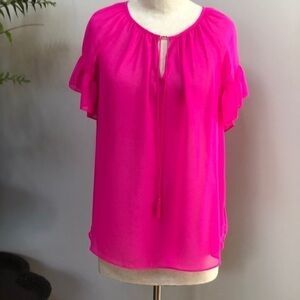 𝅺MILLY Hot pink‎ Sheer Ruffle short Sleeve’s Blouse top size small